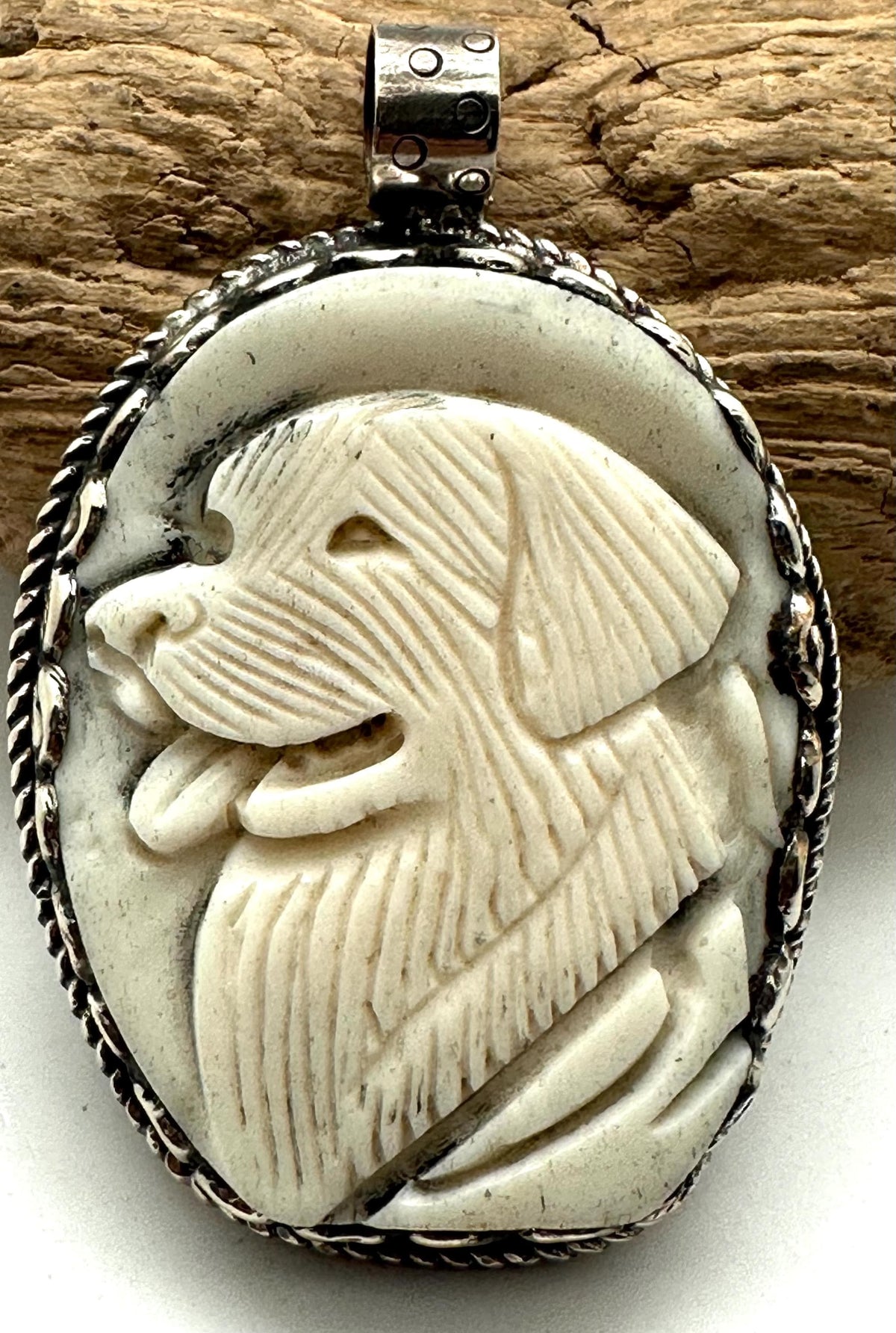 Handcrafted, bone carved dog,Tibetan silver, dog lover jewelry, Animal portrait gift