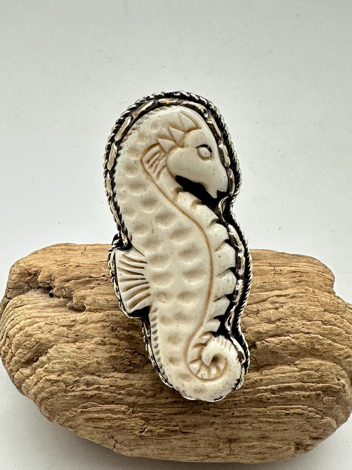 handcrafted,bone carved sea horse ring, Tibetan silver, adjustable ,beach lover gift,64.5mmX28.4