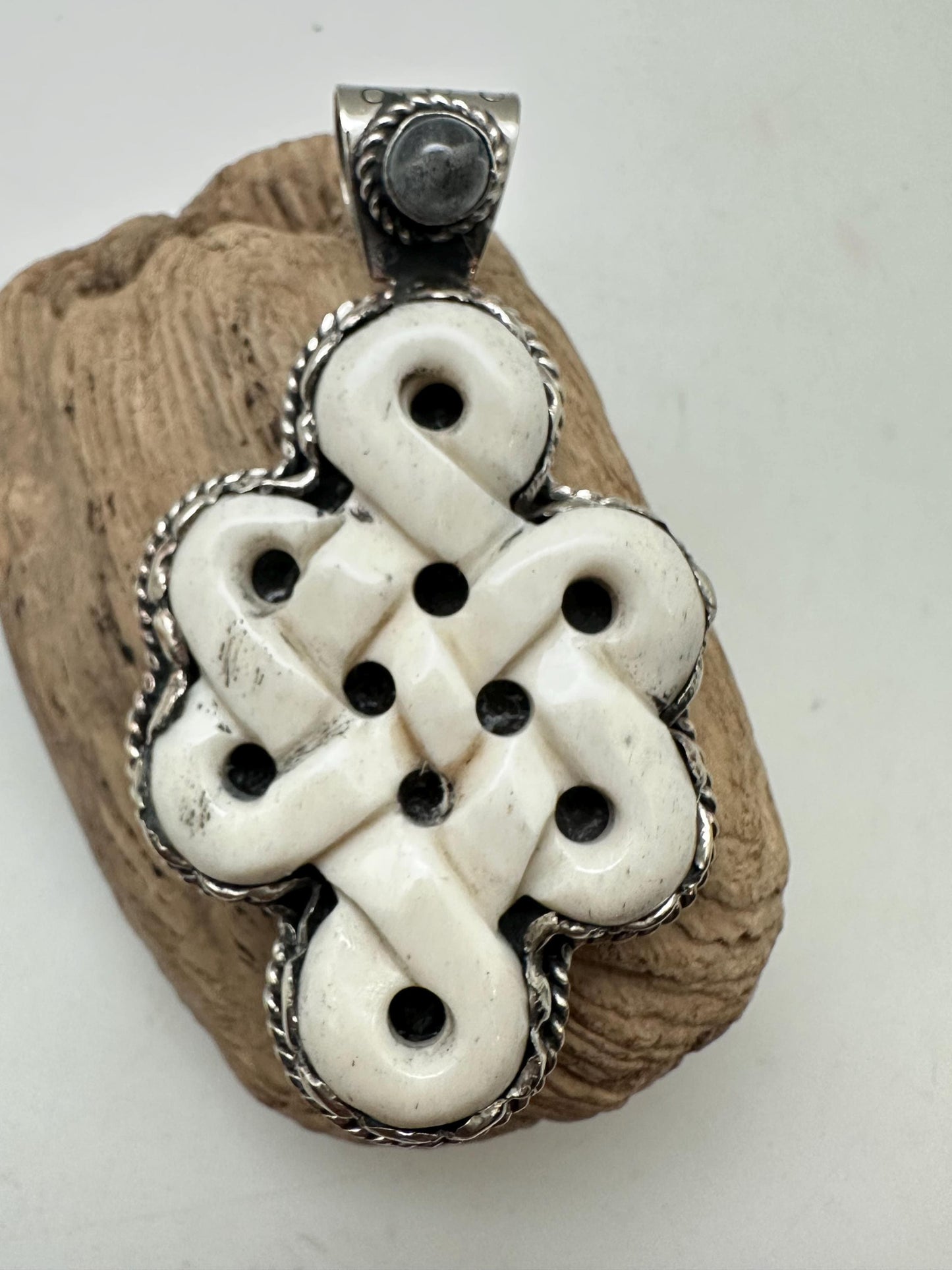 Handcrafted, bone carved endless knot, Tibetan silver, Tibetan Endless Loop Symbol Necklace, Spiritual Protection Jewelry