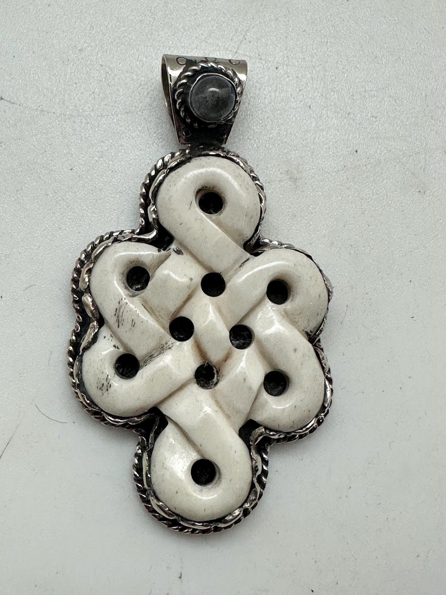 Handcrafted, bone carved endless knot, Tibetan silver, Tibetan Endless Loop Symbol Necklace, Spiritual Protection Jewelry