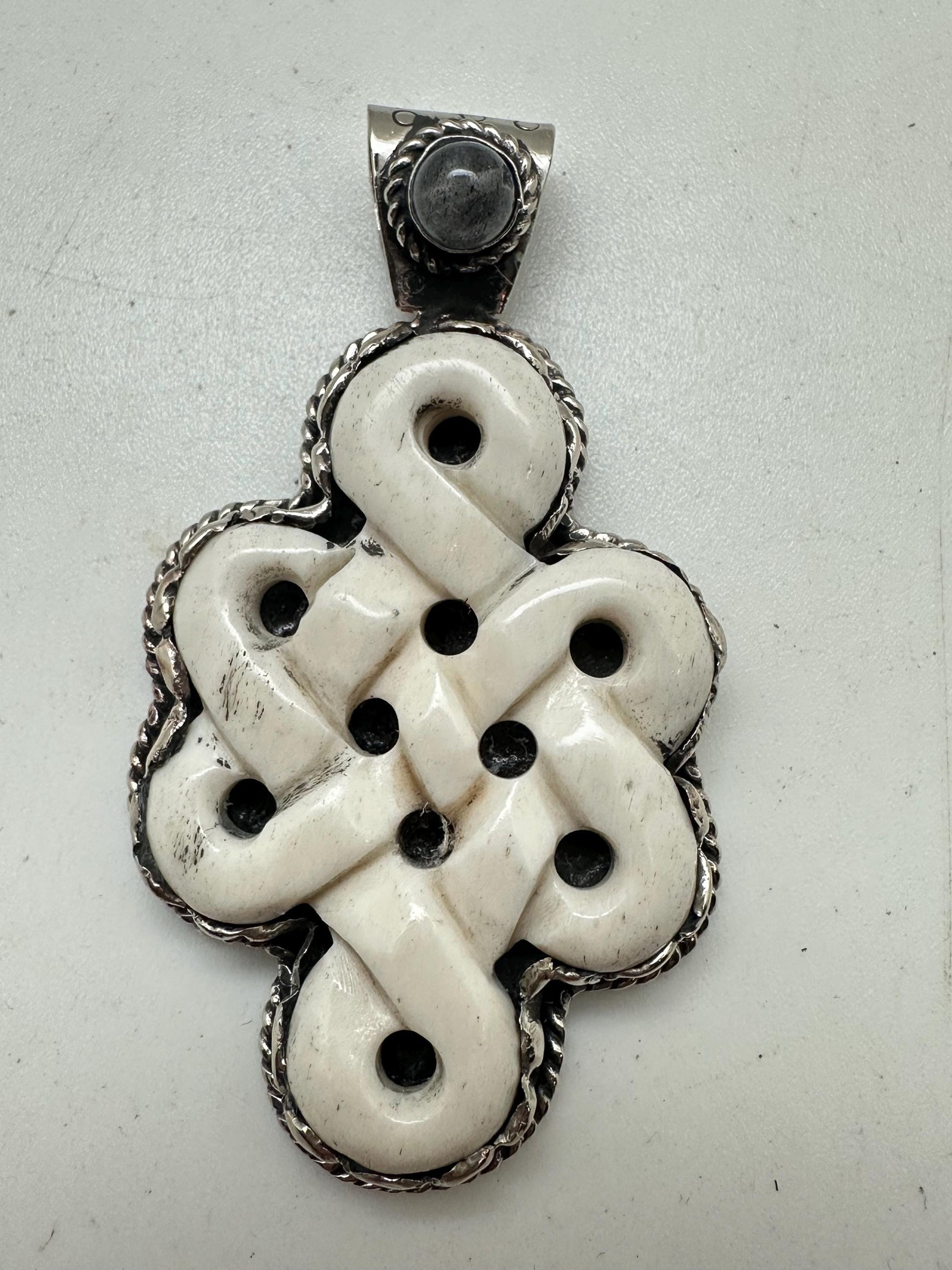Handcrafted, bone carved endless knot, Tibetan silver, Tibetan Endless Loop Symbol Necklace, Spiritual Protection Jewelry
