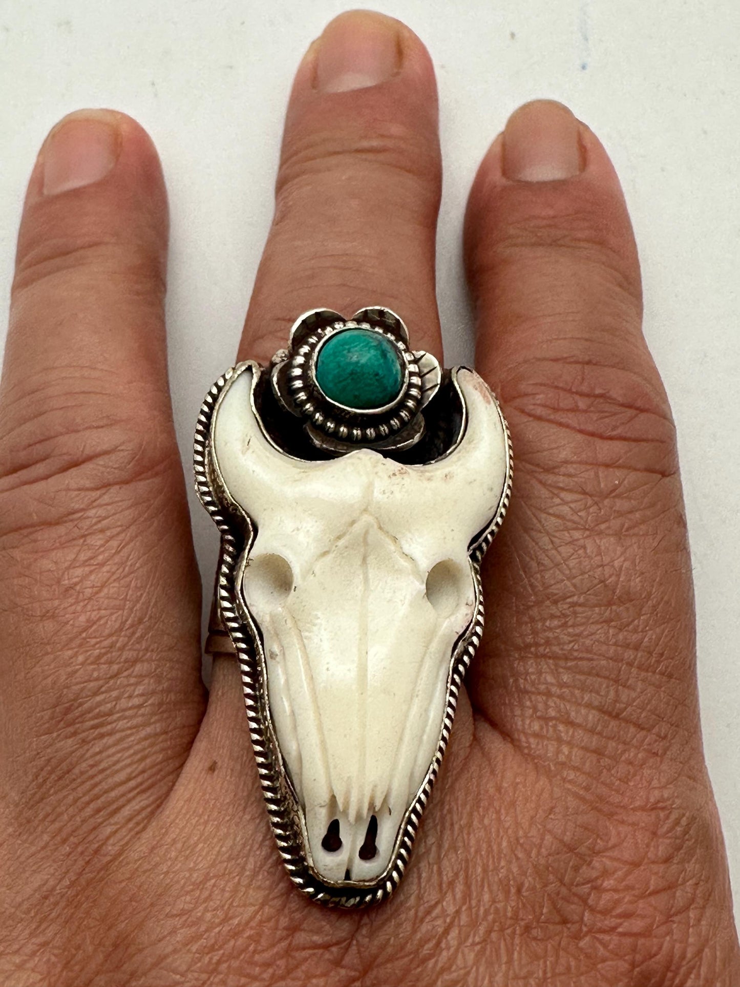 Handcrafted, Bull head skull ring,Tibetan silver, turquoise,adjustable,45X25mm