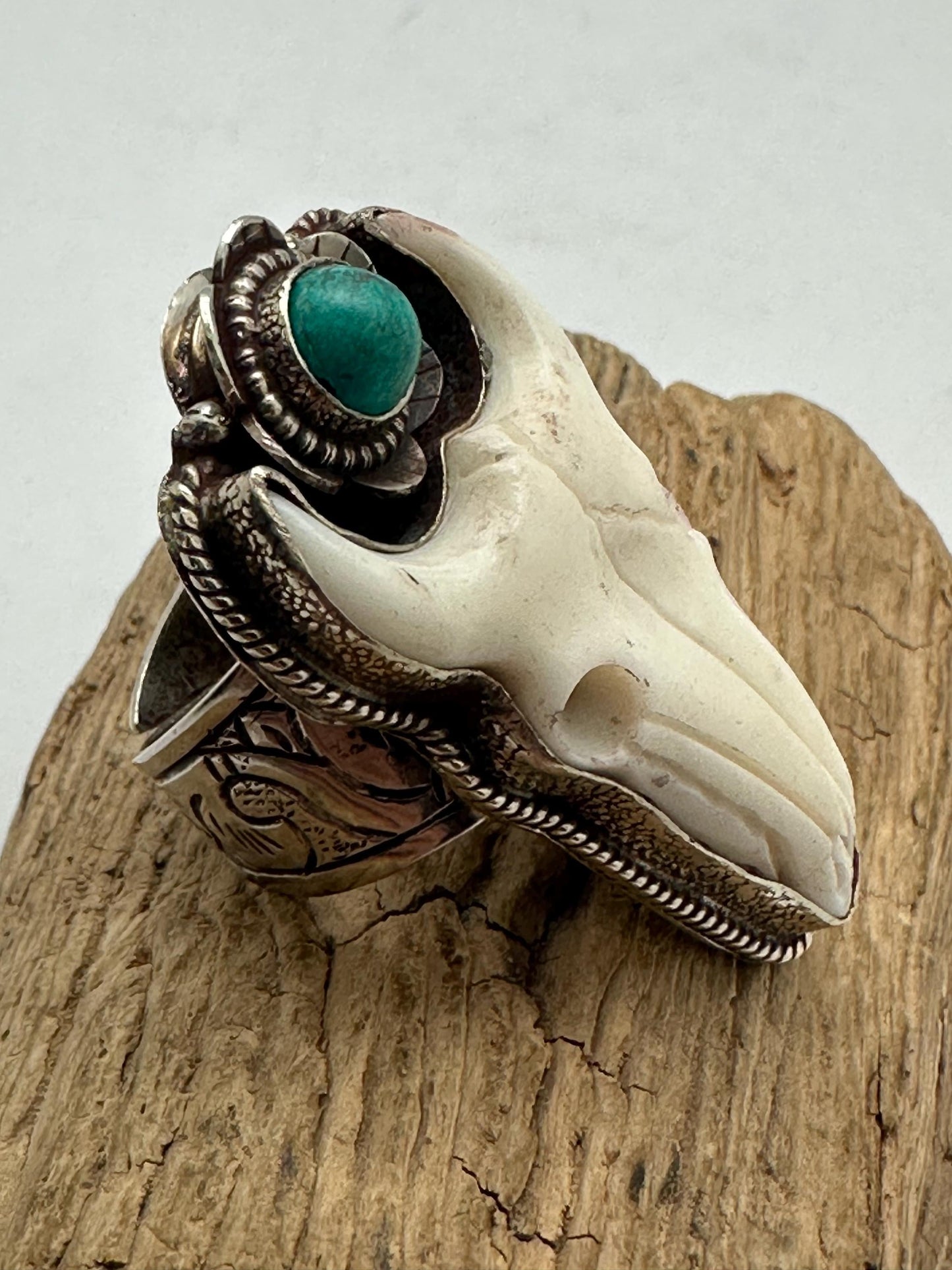 Handcrafted, Bull head skull ring,Tibetan silver, turquoise,adjustable,45X25mm