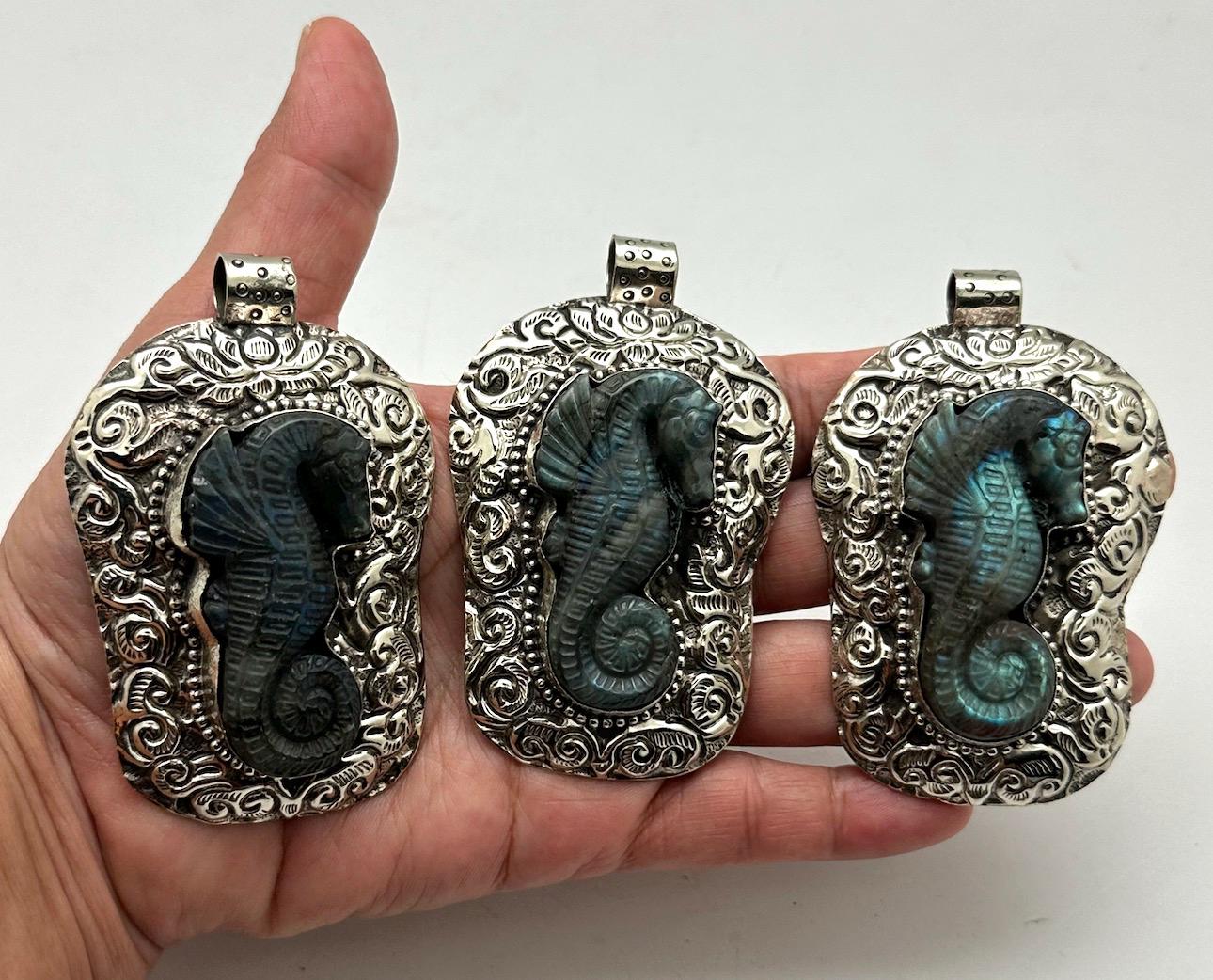 Large labradorite carved seahorse pendant, handcrafted,Tibetan silver,50mmX75mm