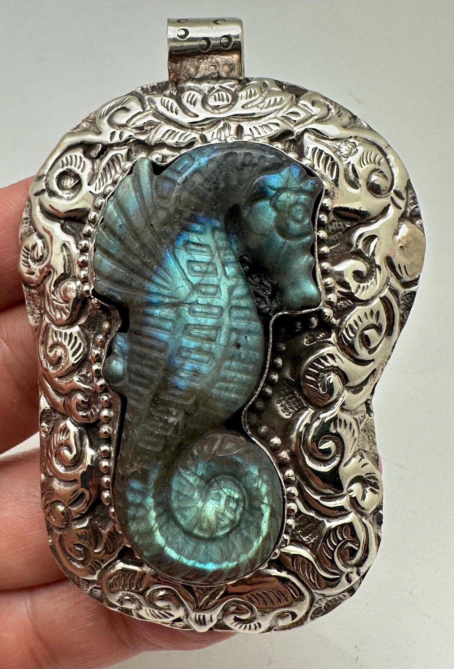 Large labradorite carved seahorse pendant, handcrafted,Tibetan silver,50mmX75mm