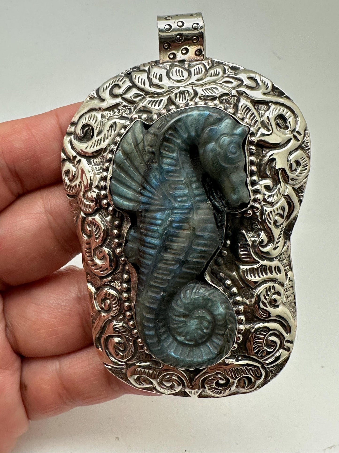 Large labradorite carved seahorse pendant, handcrafted,Tibetan silver,50mmX75mm