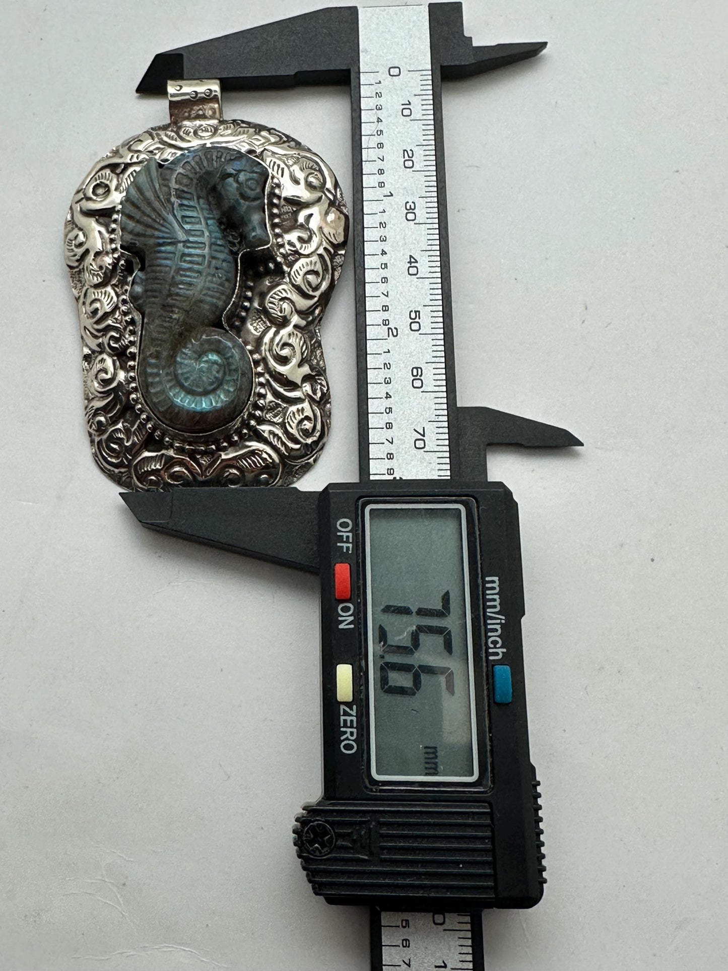 Large labradorite carved seahorse pendant, handcrafted,Tibetan silver,50mmX75mm