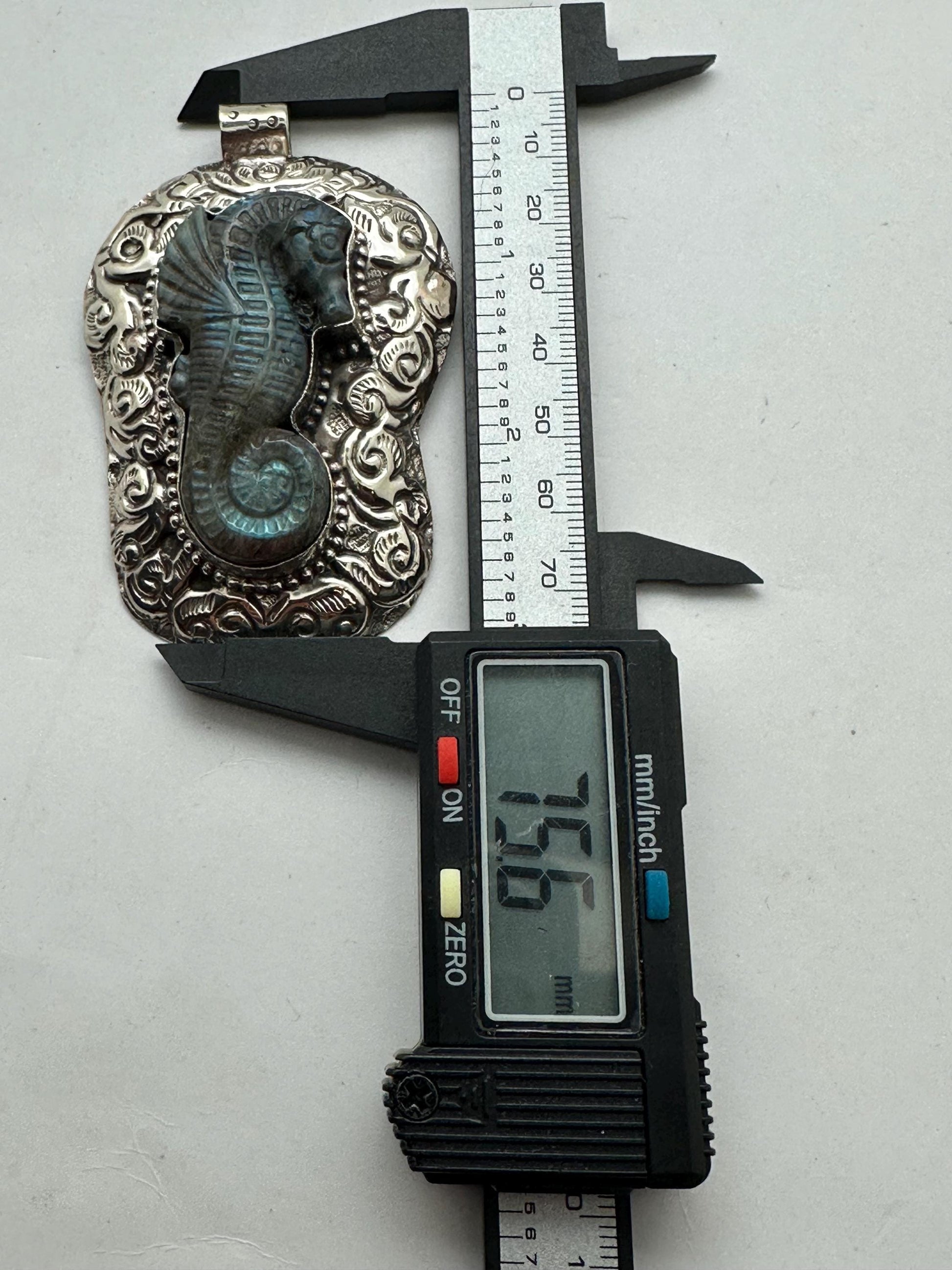 Large labradorite carved seahorse pendant, handcrafted,Tibetan silver,50mmX75mm