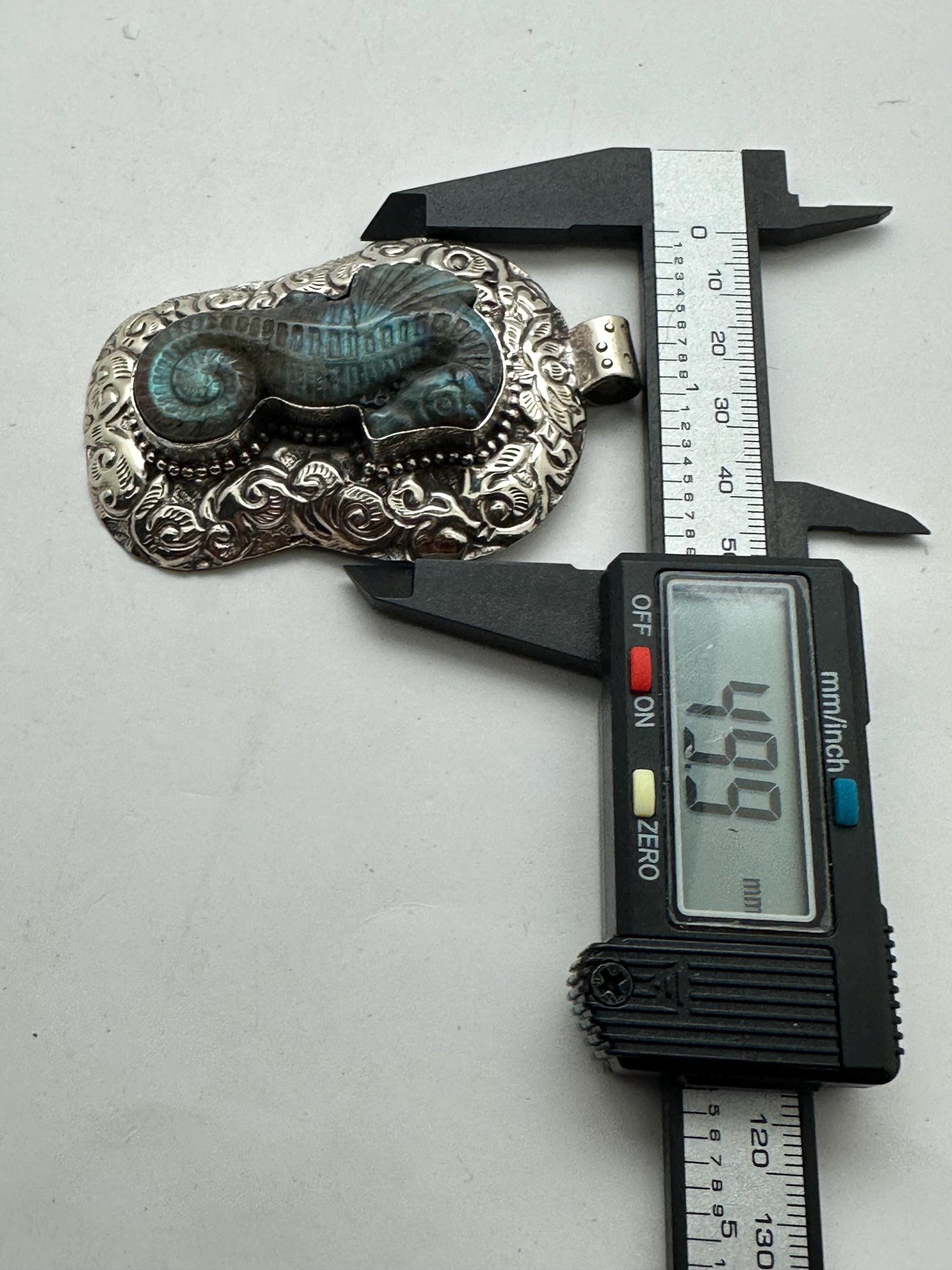 Large labradorite carved seahorse pendant, handcrafted,Tibetan silver,50mmX75mm