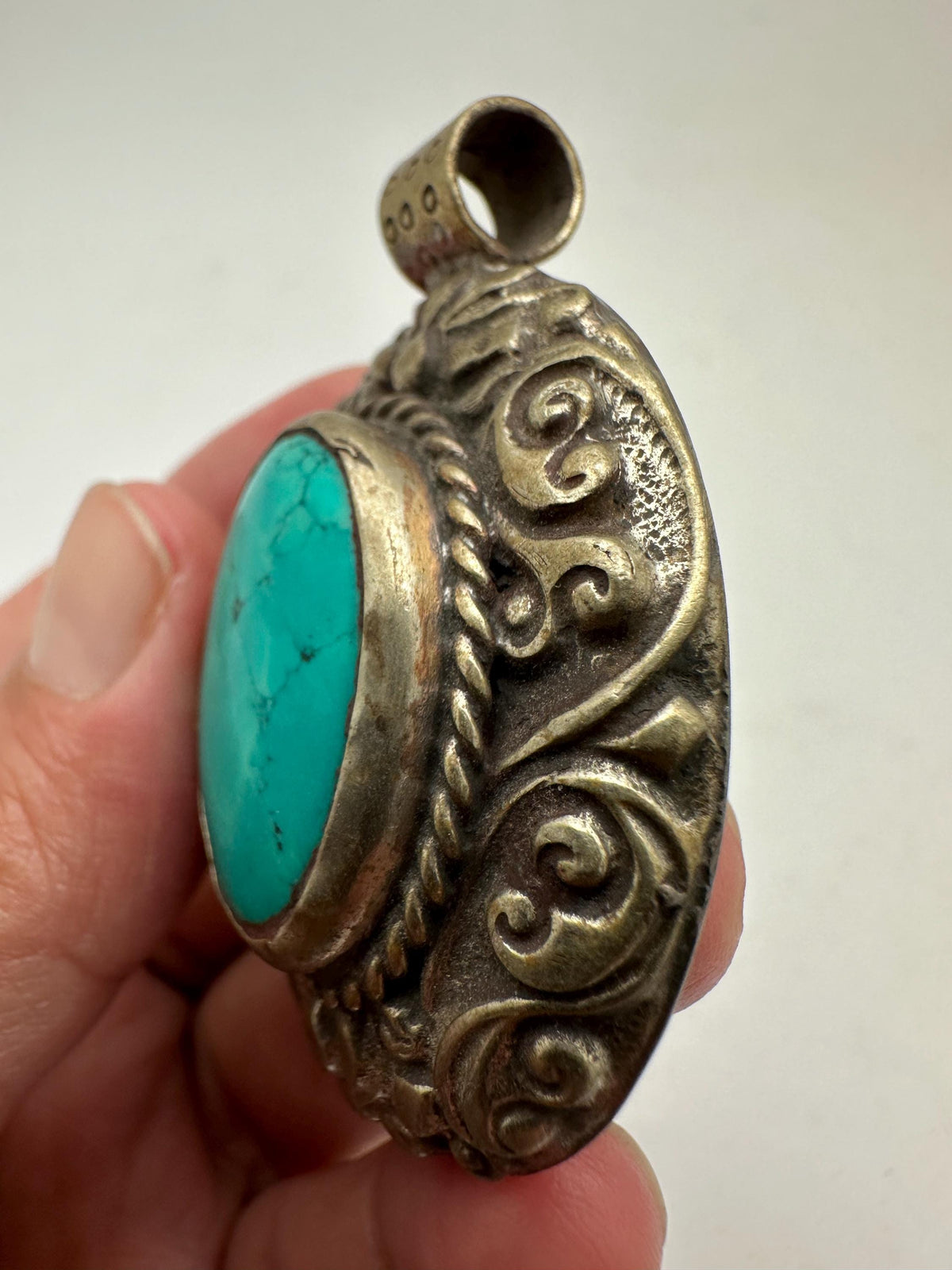 Turquoise pendant, How lite, Tibetan silver, handcrafted,ethnic style,53.8mmX36.3mm