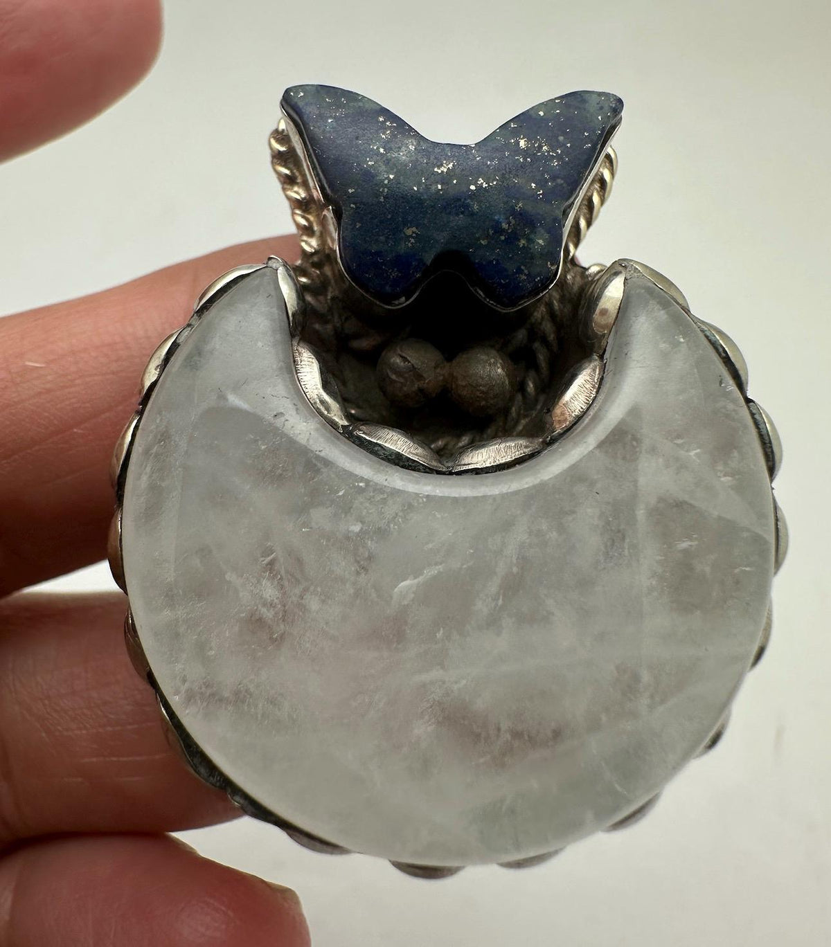 Handcarved moonstone crescent ring, lapis lazuli butterfly ,tibetan silver, adjustable