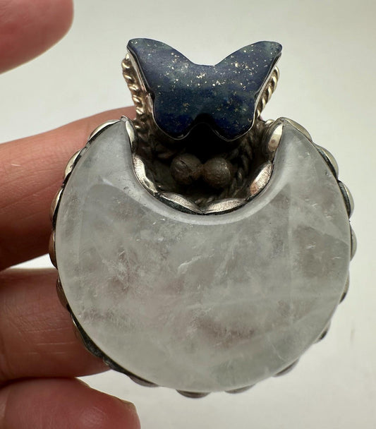 Handcarved moonstone crescent ring, lapis lazuli butterfly ,tibetan silver, adjustable