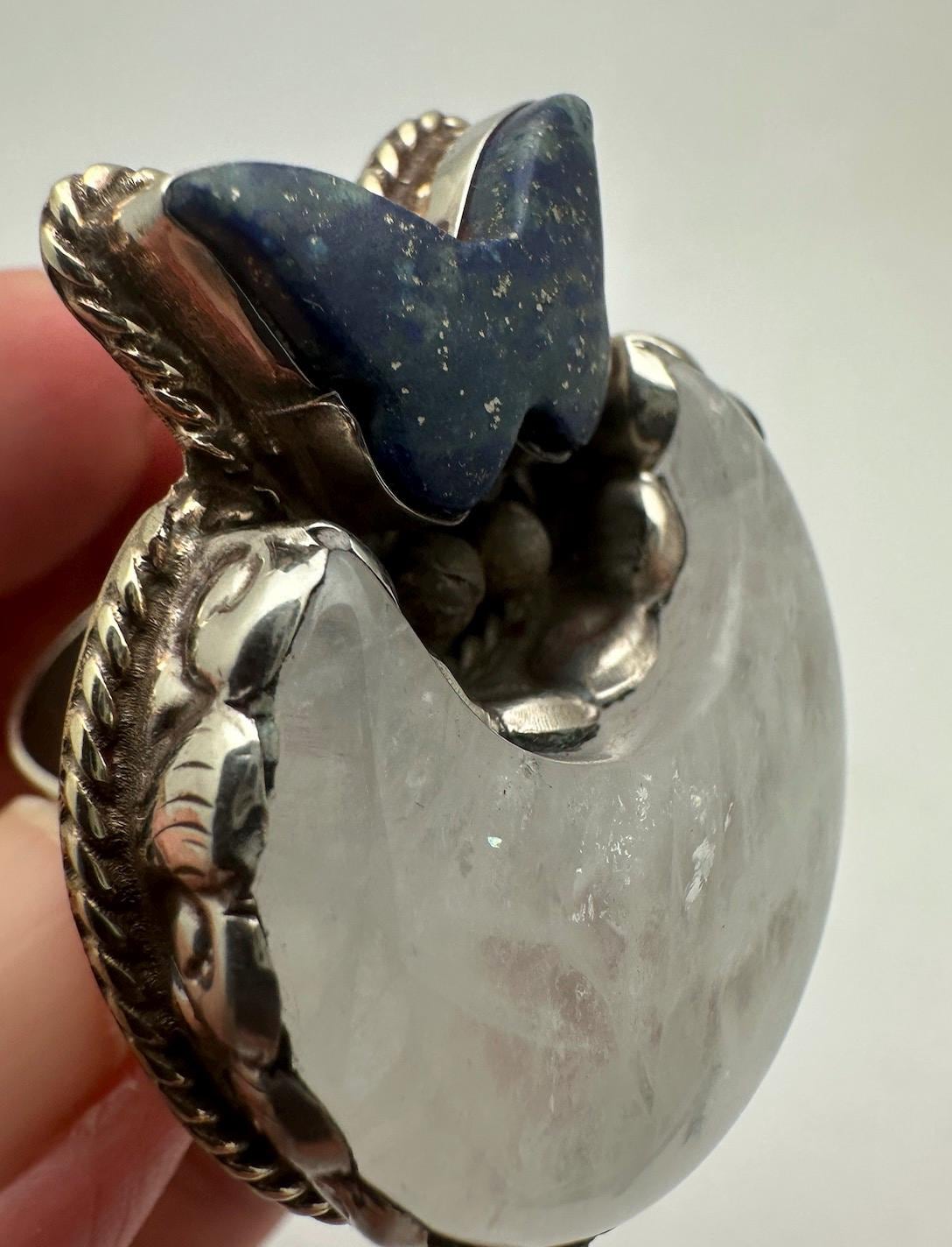 Handcarved moonstone crescent ring, lapis lazuli butterfly ,tibetan silver, adjustable