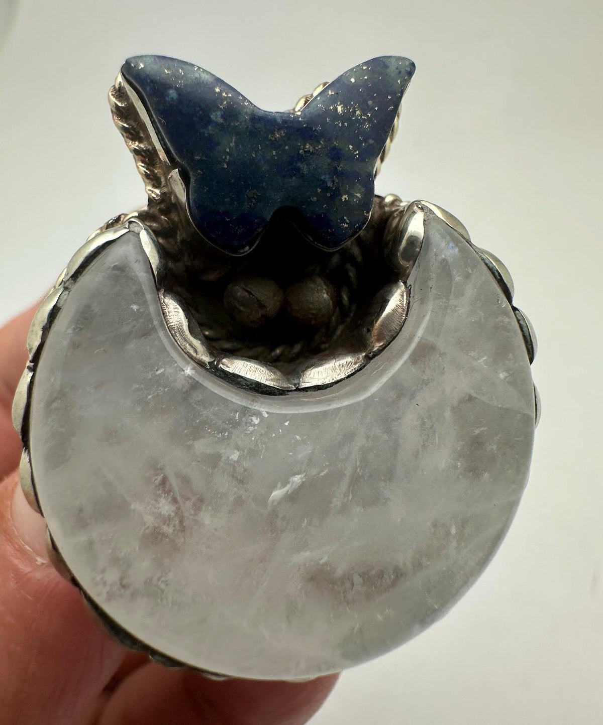 Handcarved moonstone crescent ring, lapis lazuli butterfly ,tibetan silver, adjustable