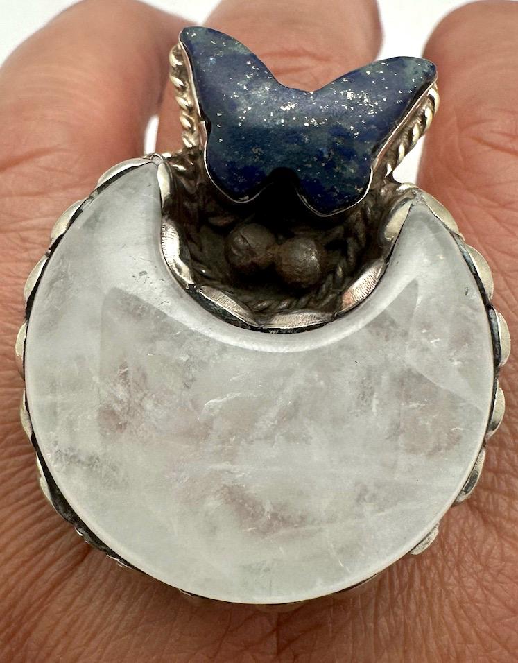 Handcarved moonstone crescent ring, lapis lazuli butterfly ,tibetan silver, adjustable