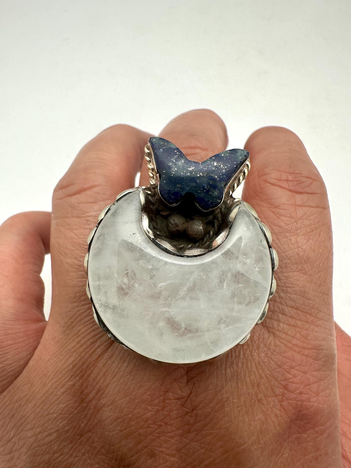 Handcarved moonstone crescent ring, lapis lazuli butterfly ,tibetan silver, adjustable