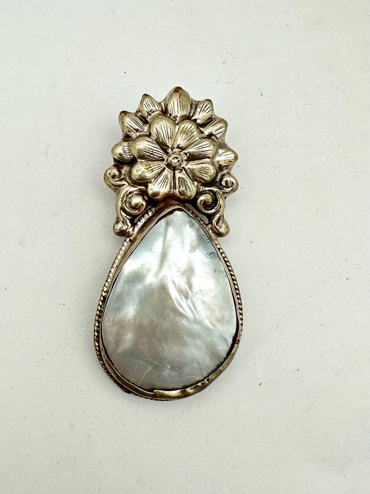 Handcrafted, mother of pearl, tear drop pendant, flower,tibetan silver, floral design,62.9X29.5mm