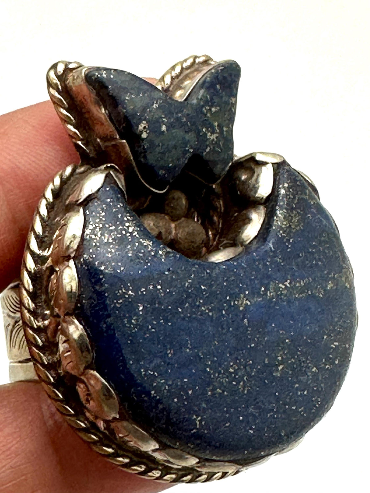 Handcrafted moon ring, lapis lazuli, crescent moon, butterfly, Tibetan silver, artisan ring, adjustable