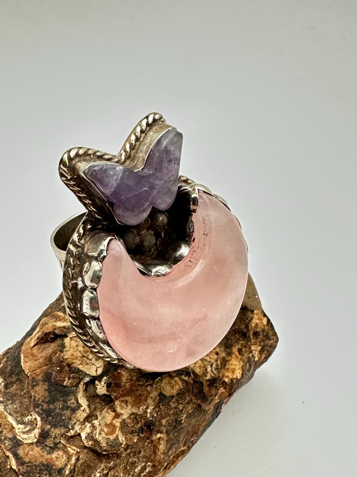 Handcrafted, rose quartz crescent moon ring, tibetan silver, amethyst butterfly,artisan ring,adjustable,
