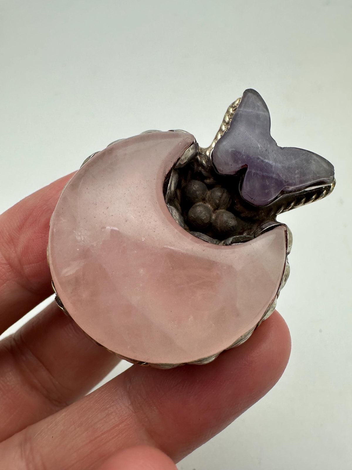 Handcrafted, rose quartz crescent moon ring, tibetan silver, amethyst butterfly,artisan ring,adjustable,