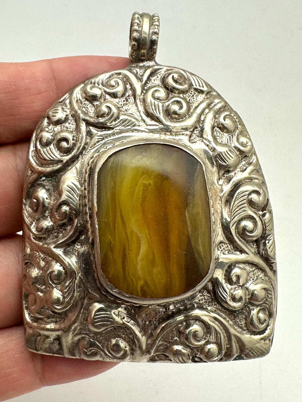 Handcrafted, yellow agate,Tibetan silver, Tibetan design, ethnic style,66.6mmX48.3mm