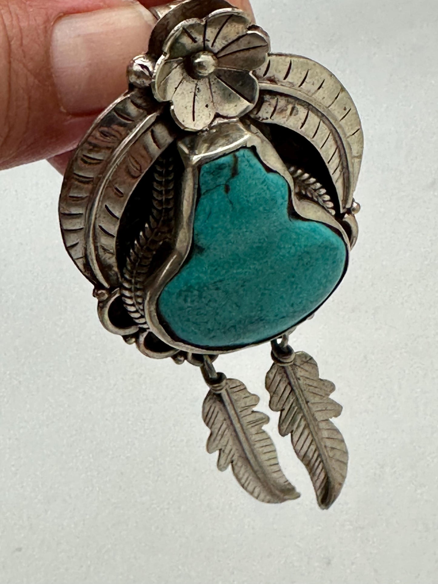 Turquoise pendant, Handcrafted,Tibetan silver,Flower Statement Necklace with Dangle Feathers,76.5mmX35.6mm