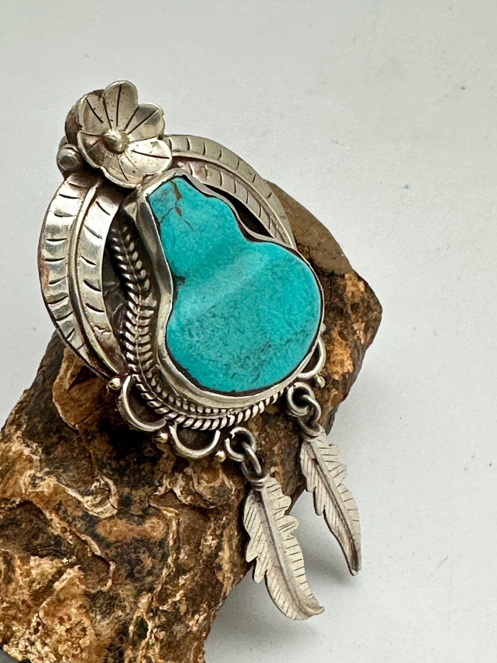 Turquoise pendant, Handcrafted,Tibetan silver,Flower Statement Necklace with Dangle Feathers,76.5mmX35.6mm