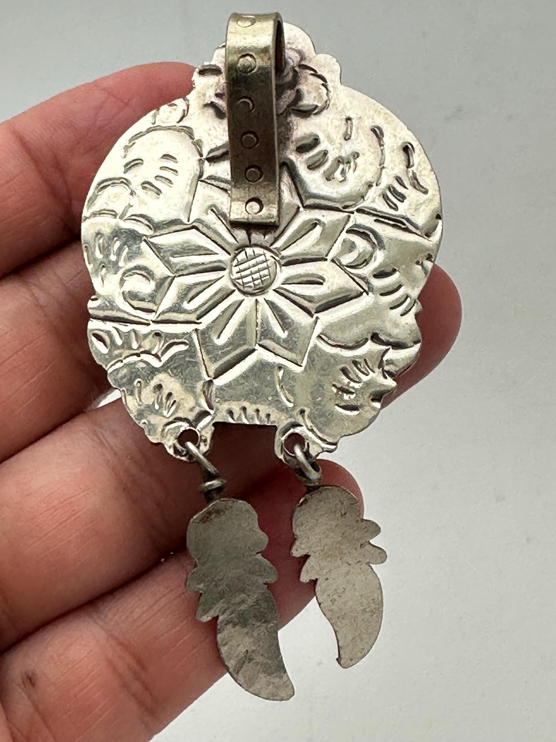 Turquoise pendant, Handcrafted,Tibetan silver,Flower Statement Necklace with Dangle Feathers,76.5mmX35.6mm