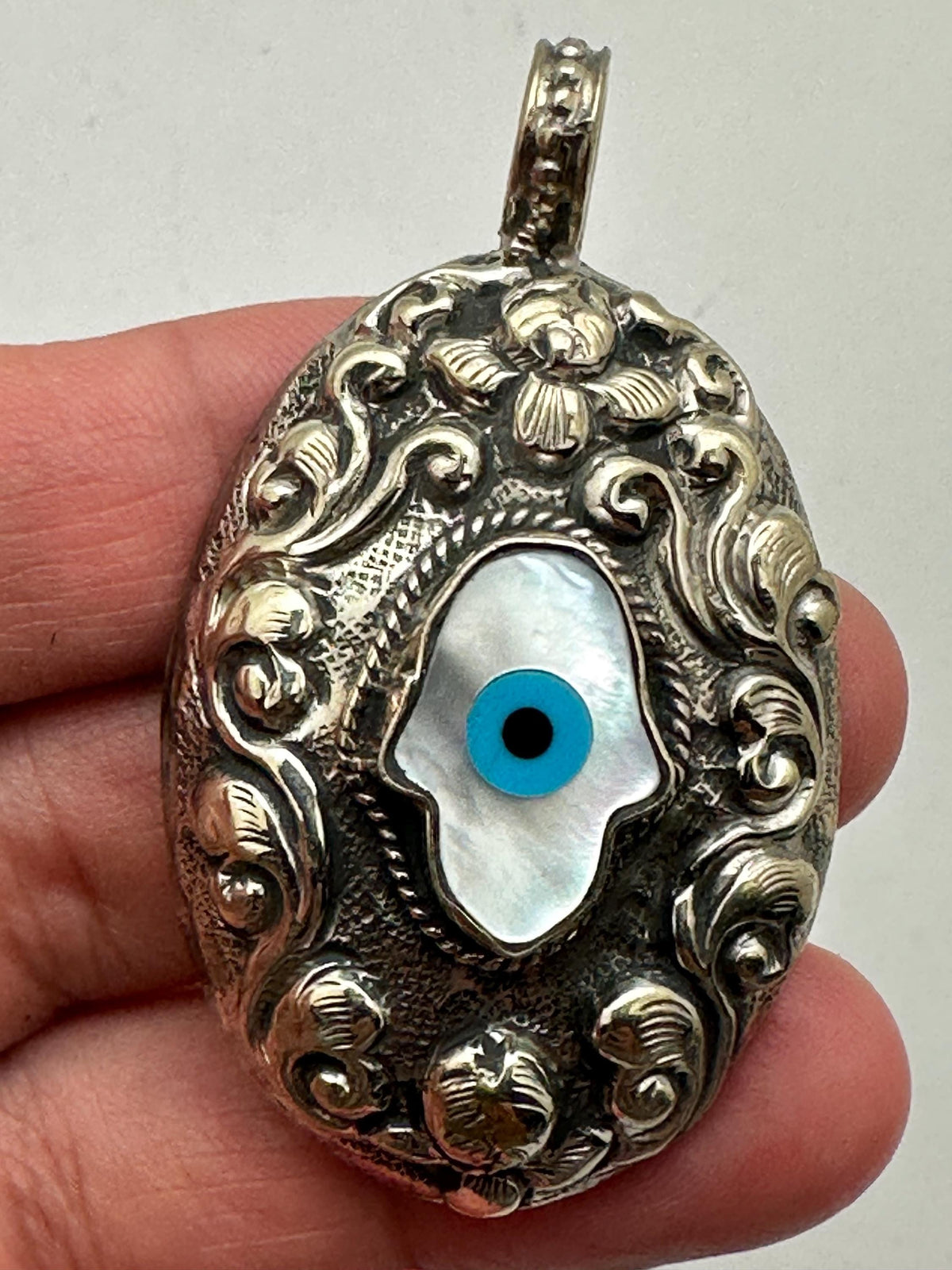 Handcrafted, evil eye,mother of pearl hamsa,Tibetan silver,Bohemian,Nepalese