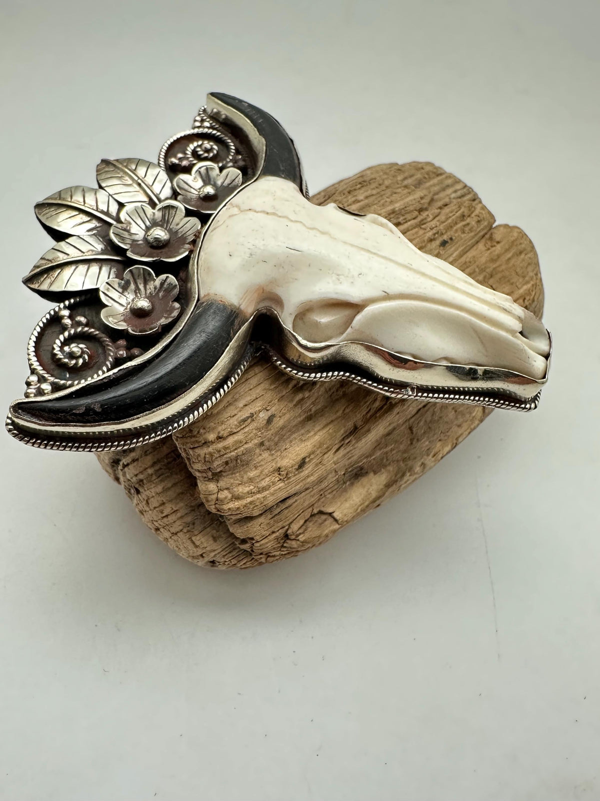 Handcrafted,Large Bone carved bull head skull pendant,Tibetan silver, floral,flower,design,ethnic style 82.3mmX30.2mm