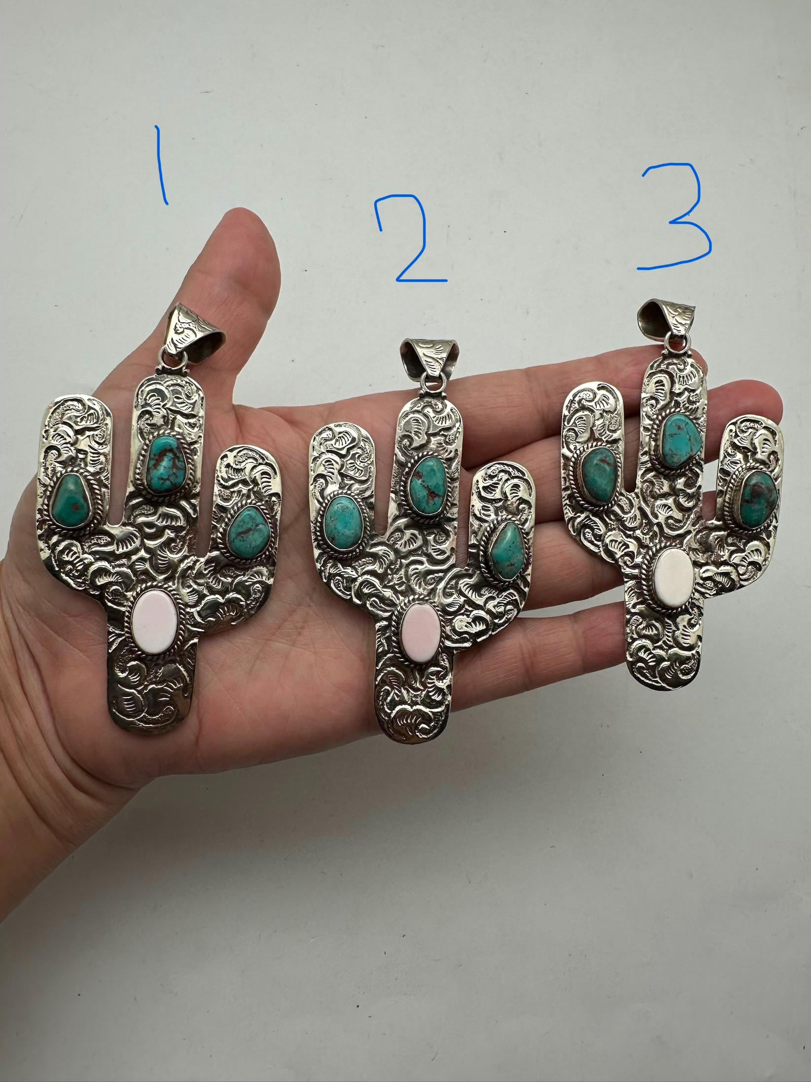 Cactus pendant, handcrafted,Tibetan repoussesilver, turquoise, shell, bohemien, artisan jewelry,