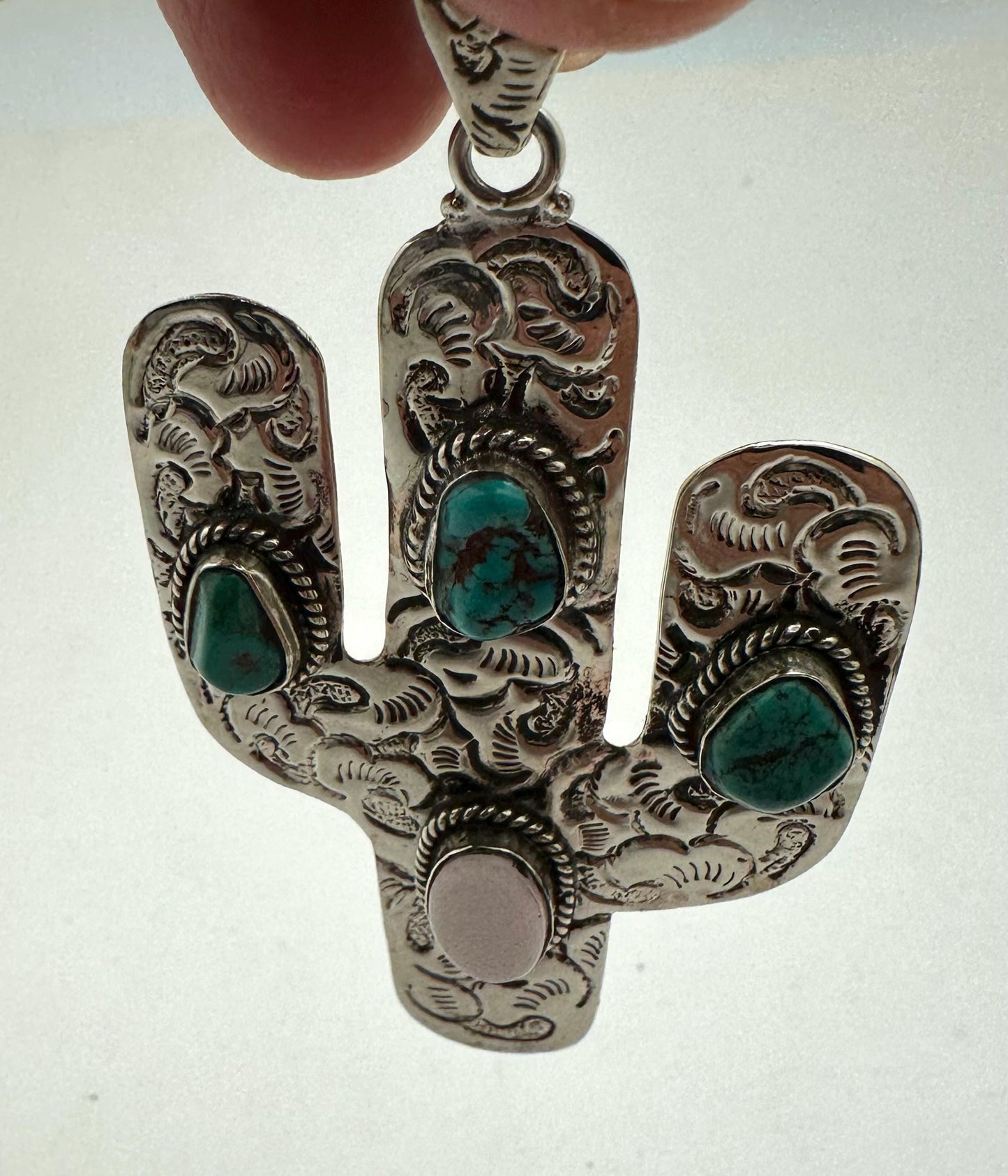 Cactus pendant, handcrafted,Tibetan repoussesilver, turquoise, shell, bohemien, artisan jewelry,