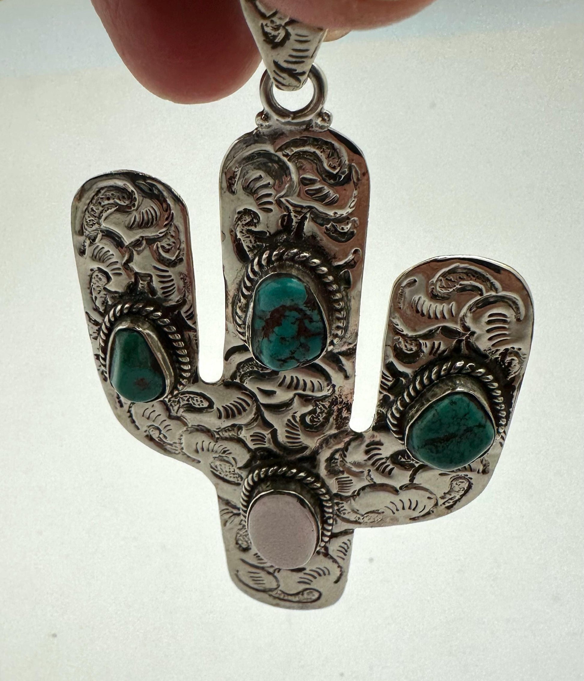 Cactus pendant, handcrafted,Tibetan repoussesilver, turquoise, shell, bohemien, artisan jewelry,