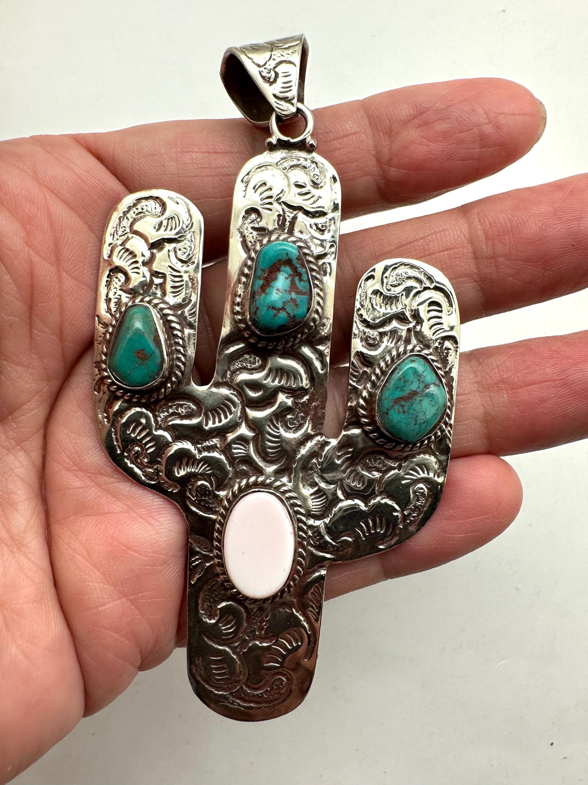 Cactus pendant, handcrafted,Tibetan repoussesilver, turquoise, shell, bohemien, artisan jewelry,