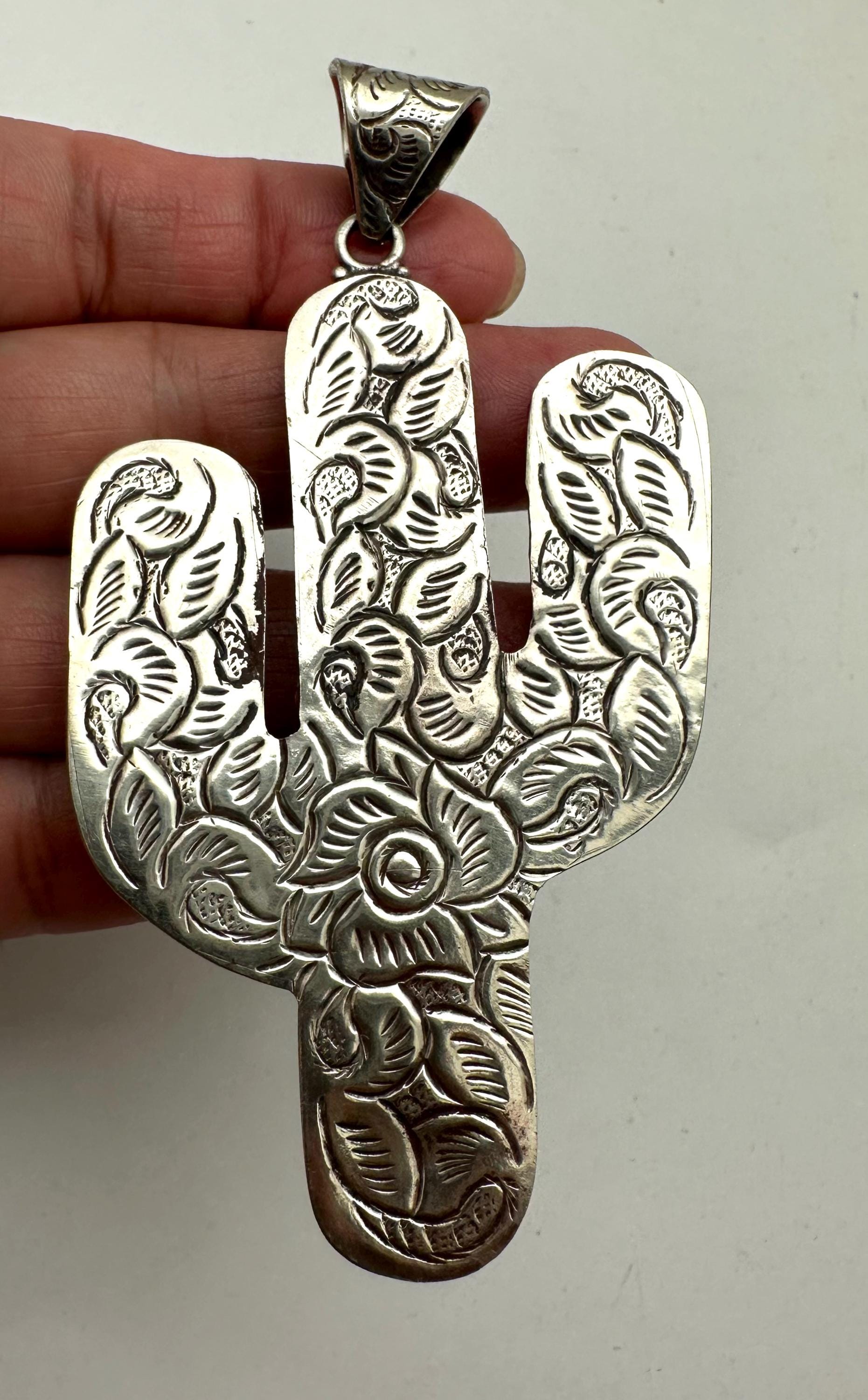 Cactus pendant, handcrafted,Tibetan repoussesilver, turquoise, shell, bohemien, artisan jewelry,