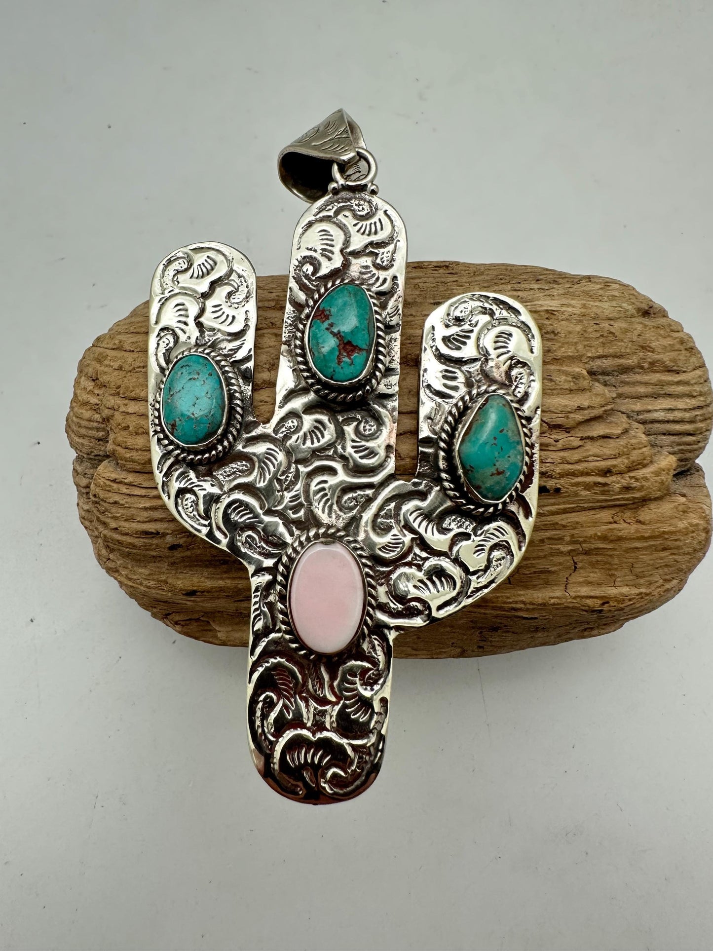 Cactus pendant, handcrafted,Tibetan repoussesilver, turquoise, shell, bohemien, artisan jewelry,
