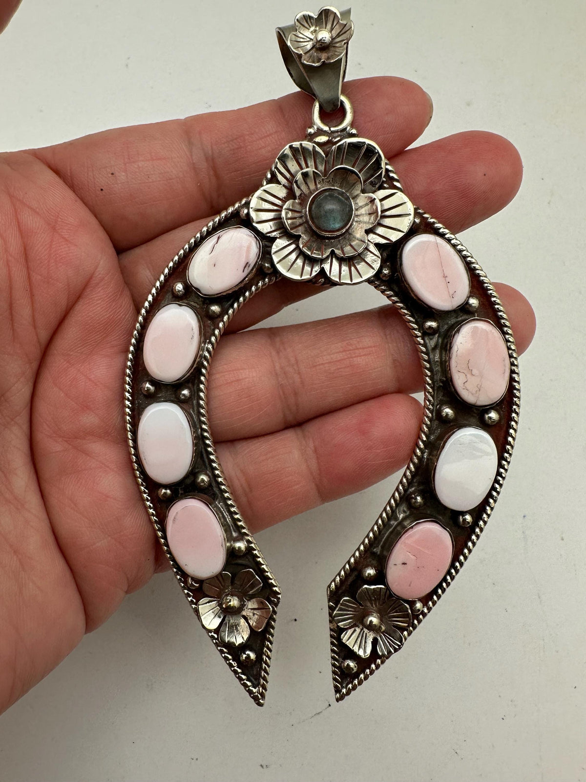 Large Floral blossoms pendant,, tibetan silver, white and pink shell, handcrafted,labradorite, flower pendant, 102.8mmX60.4mm