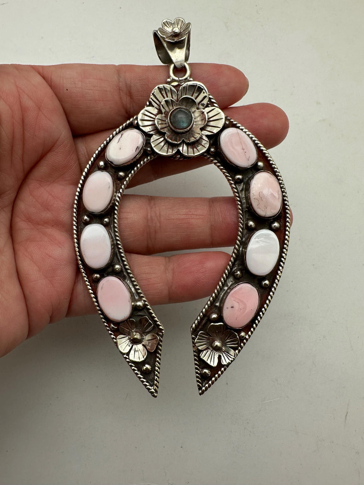 Large Floral blossoms pendant,, tibetan silver, white and pink shell, handcrafted,labradorite, flower pendant, 102.8mmX60.4mm