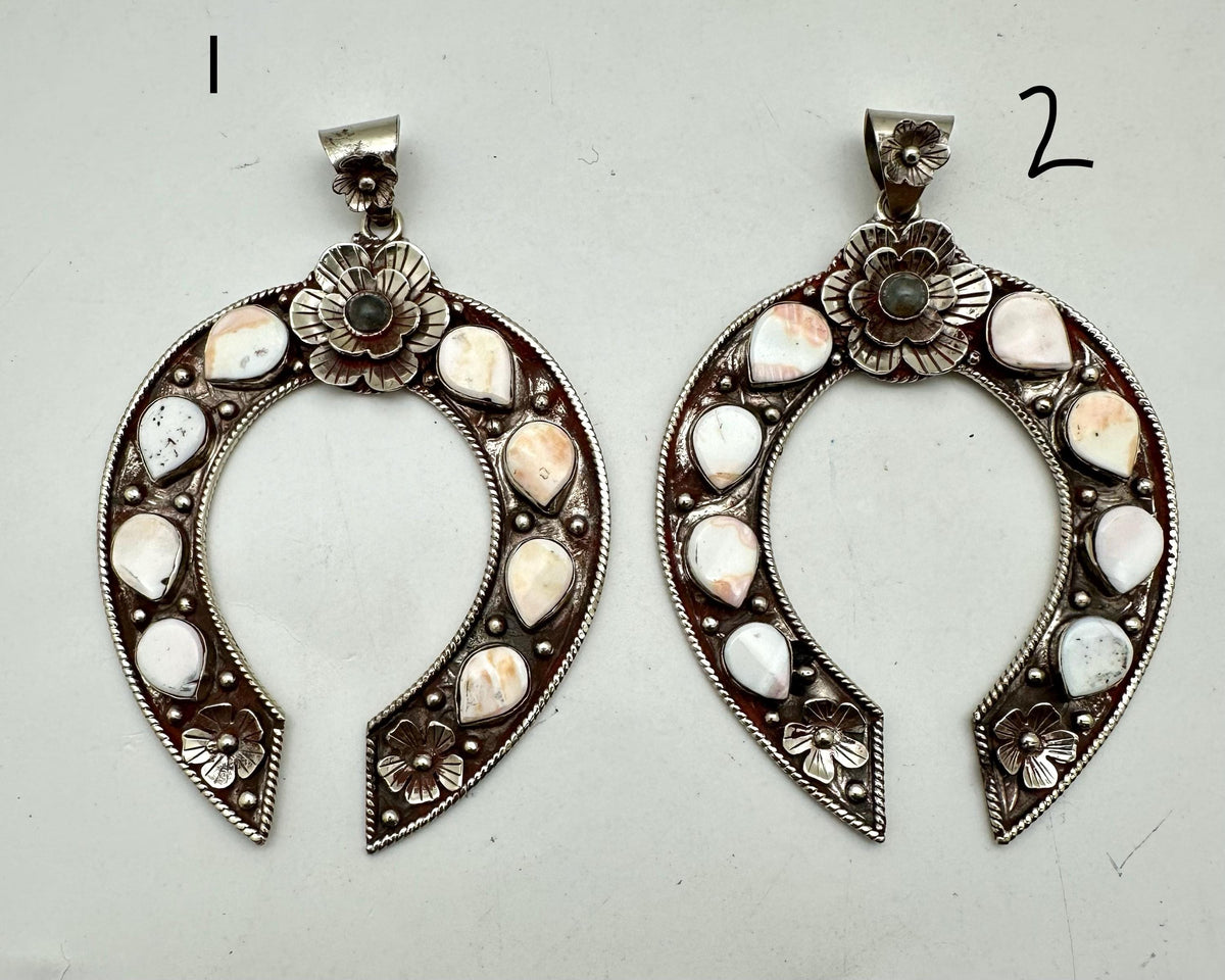 Large Squash blossom pendant, handcrafted, tibetan silver, floral Labradorite, Pink and white Spondylus Shell Crescent, 103.6mmX71.6mm