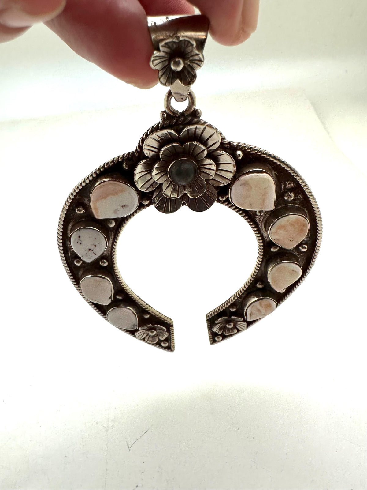 Large Squash blossom pendant, handcrafted, tibetan silver, floral Labradorite, Pink and white Spondylus Shell Crescent, 103.6mmX71.6mm