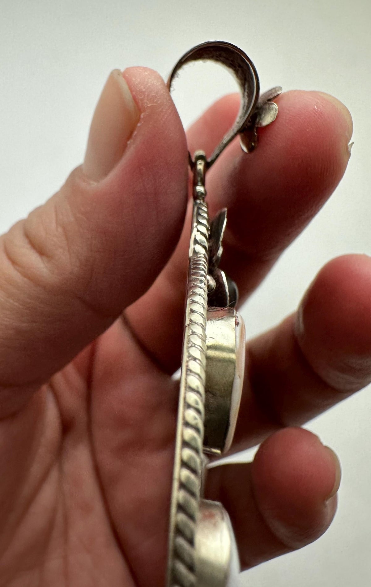 Large Squash blossom pendant, handcrafted, tibetan silver, floral Labradorite, Pink and white Spondylus Shell Crescent, 103.6mmX71.6mm