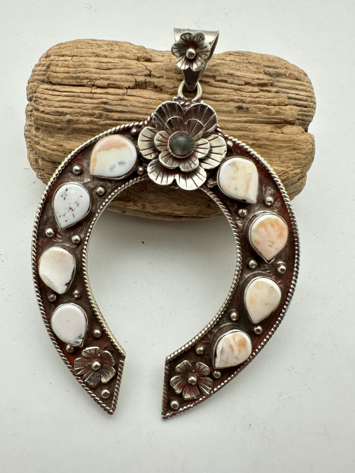 Large Squash blossom pendant, handcrafted, tibetan silver, floral Labradorite, Pink and white Spondylus Shell Crescent, 103.6mmX71.6mm
