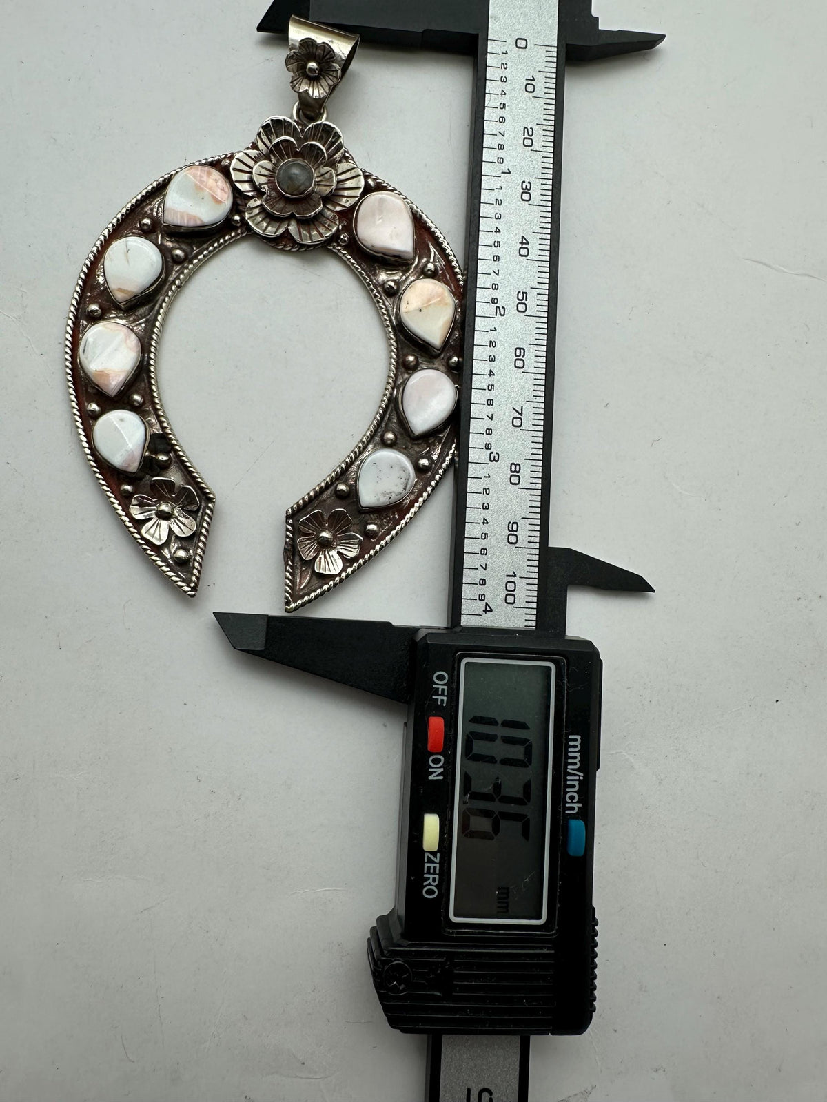Large Squash blossom pendant, handcrafted, tibetan silver, floral Labradorite, Pink and white Spondylus Shell Crescent, 103.6mmX71.6mm