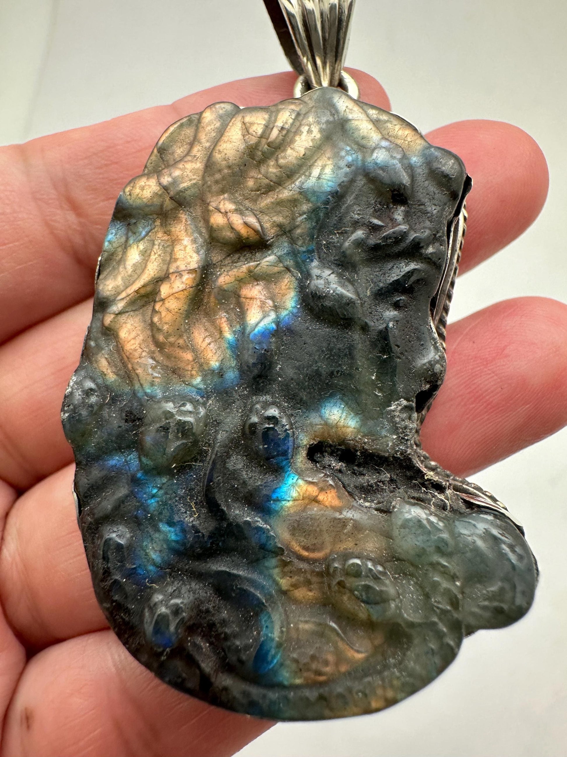 Labradorite carved medusa pendant, handcrafted,Tibetan silver,Artisan jewelry 66.6mmX35.3mm