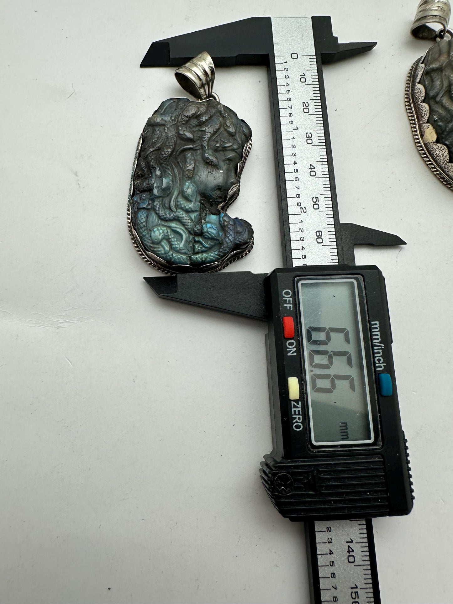 Labradorite carved medusa pendant, handcrafted,Tibetan silver,Artisan jewelry 66.6mmX35.3mm