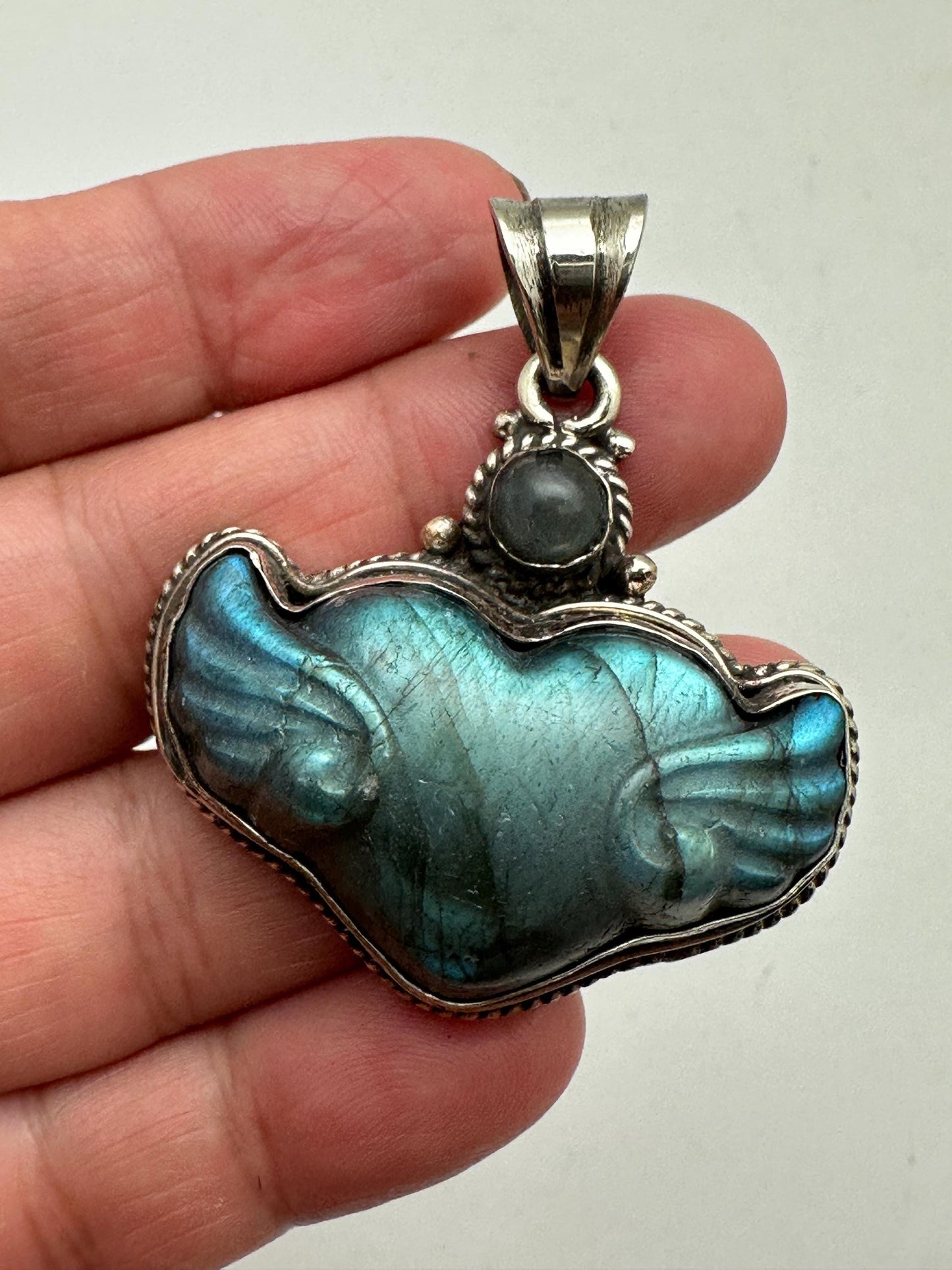 Carved Labradorite Winged Heart Pendant, Blue Golden Flash, Tibetan Silver, Artisan Boho Jewelry