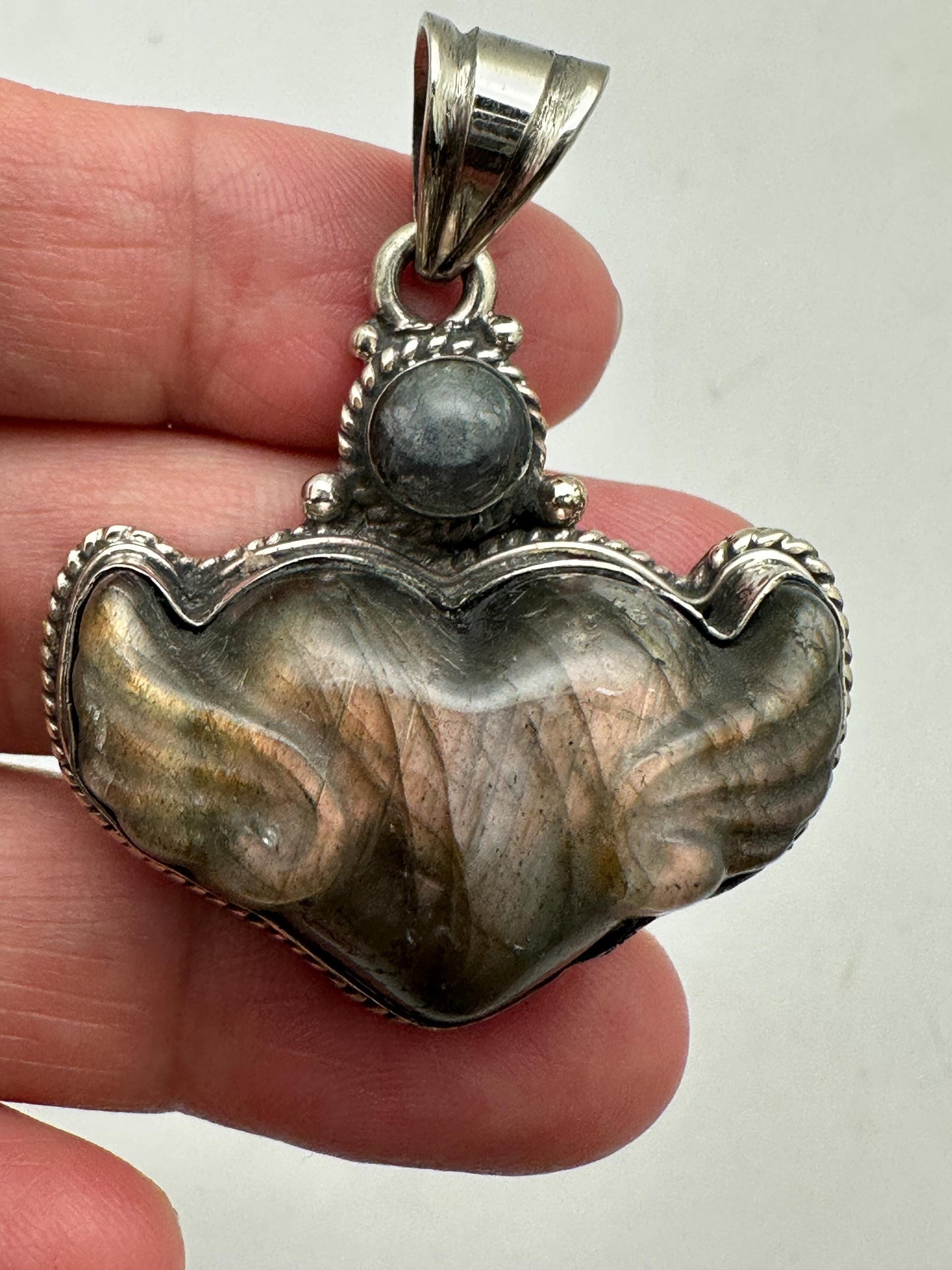 Carved Labradorite Winged Heart Pendant, Blue Golden Flash, Tibetan Silver, Artisan Boho Jewelry