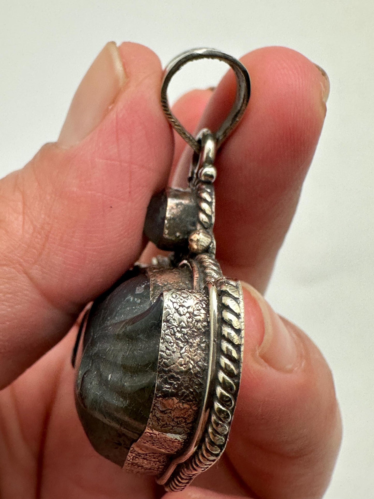 Carved Labradorite Winged Heart Pendant, Blue Golden Flash, Tibetan Silver, Artisan Boho Jewelry