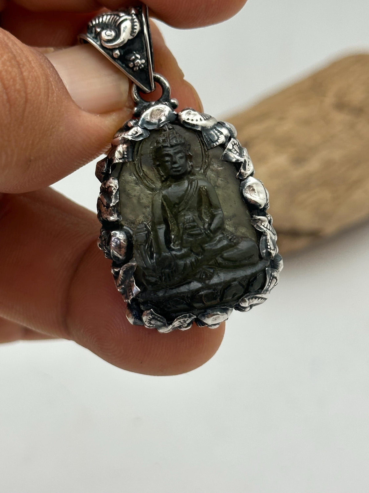 Moldabite medicine Buddha , extremely rare master handcrafted with sterling silver