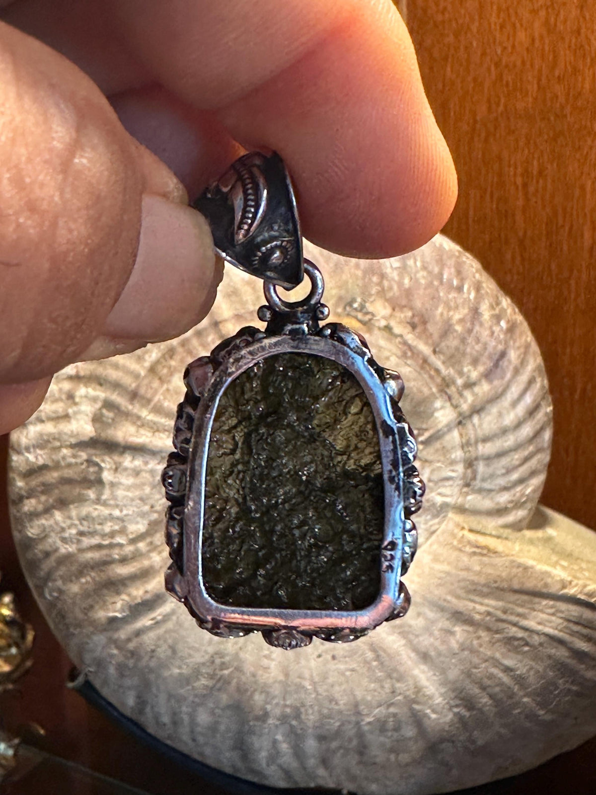 Moldabite medicine Buddha , extremely rare master handcrafted with sterling silver